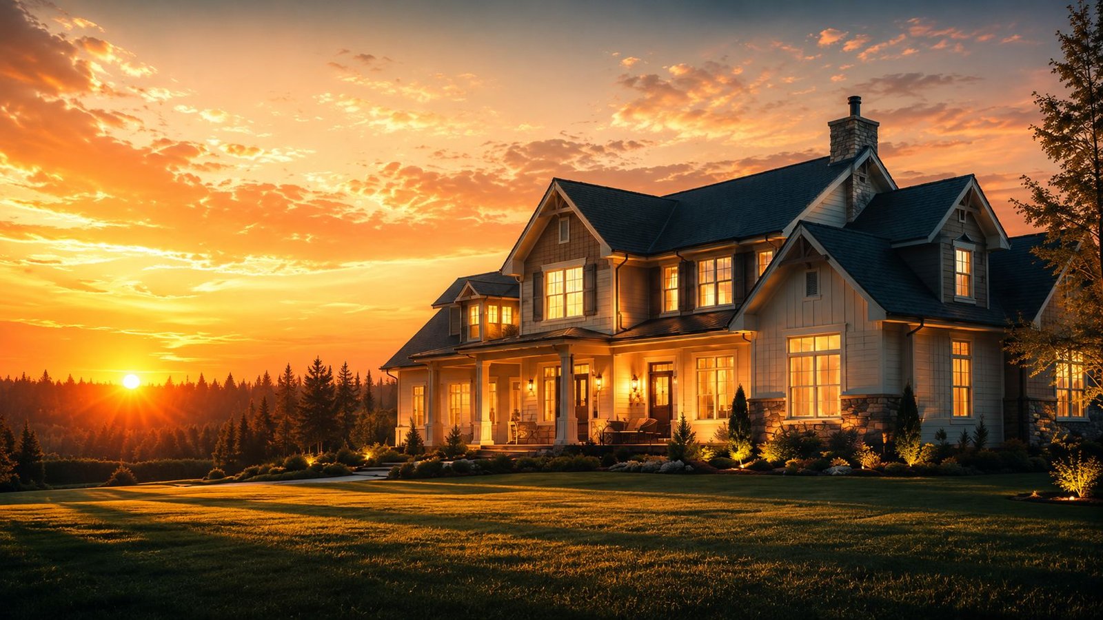 American home at sunset with warm lit windows